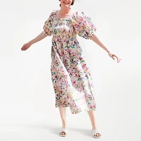 Jessie Zhao New York Violet Garden Smocked Cotton Silk Dress