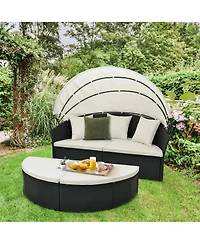 Patio Round Daybed with Retractable Canopy Rattan Sectional Seating