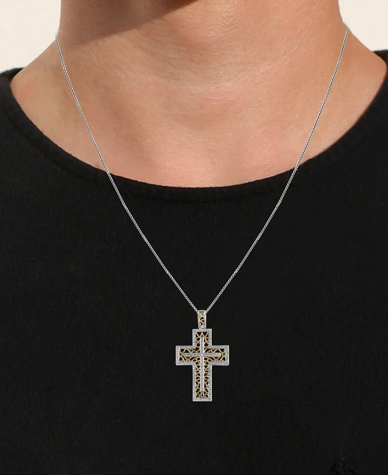 Men's Diamond Lattice Openwork Cross 22" Pendant Necklace (1/2 ct. t.w.) in Sterling Silver & 18k Gold-Plate