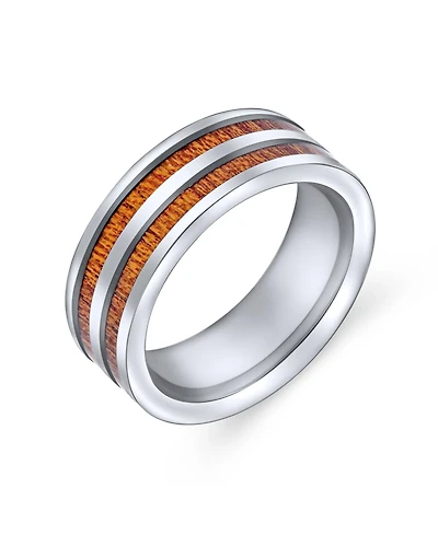 Bling Jewelry Double Row Wide Stripe Brown Koa Wood Style Inlay Titanium Band Rings Silver Tone Comfort Fit 8MM