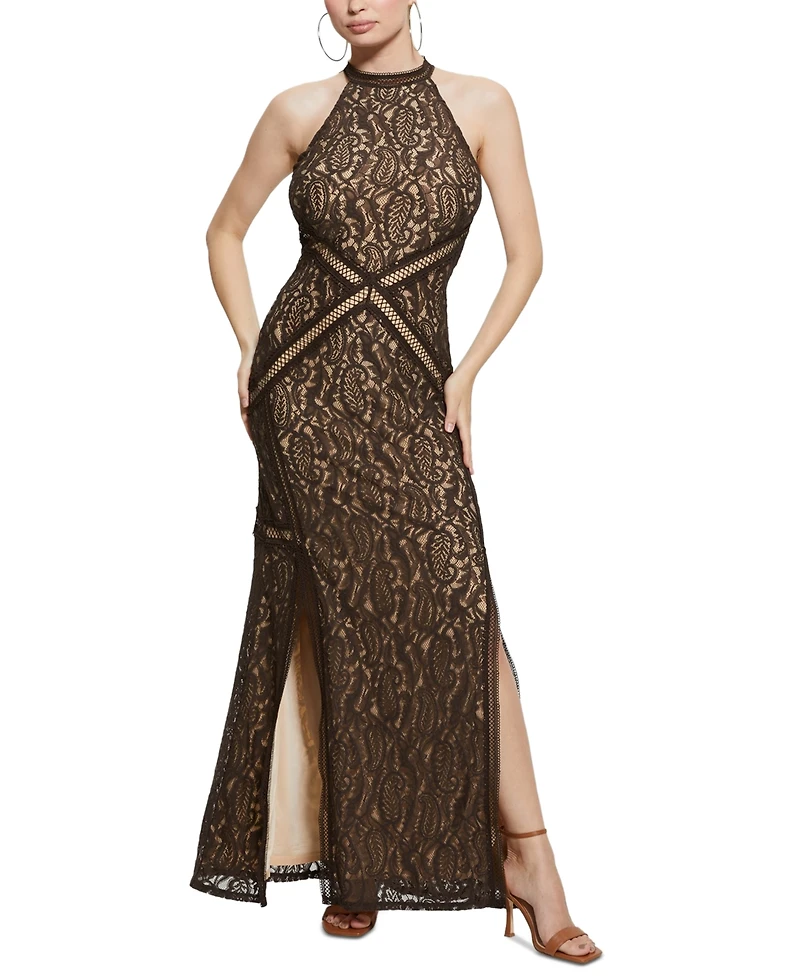 Guess Women's New Liza Lace Halter Sleeveless Gown