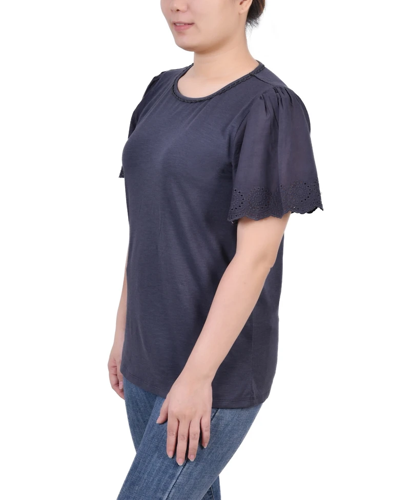 Women's Short Eyelet-Cut-out Sleeve Scoop Neck Top