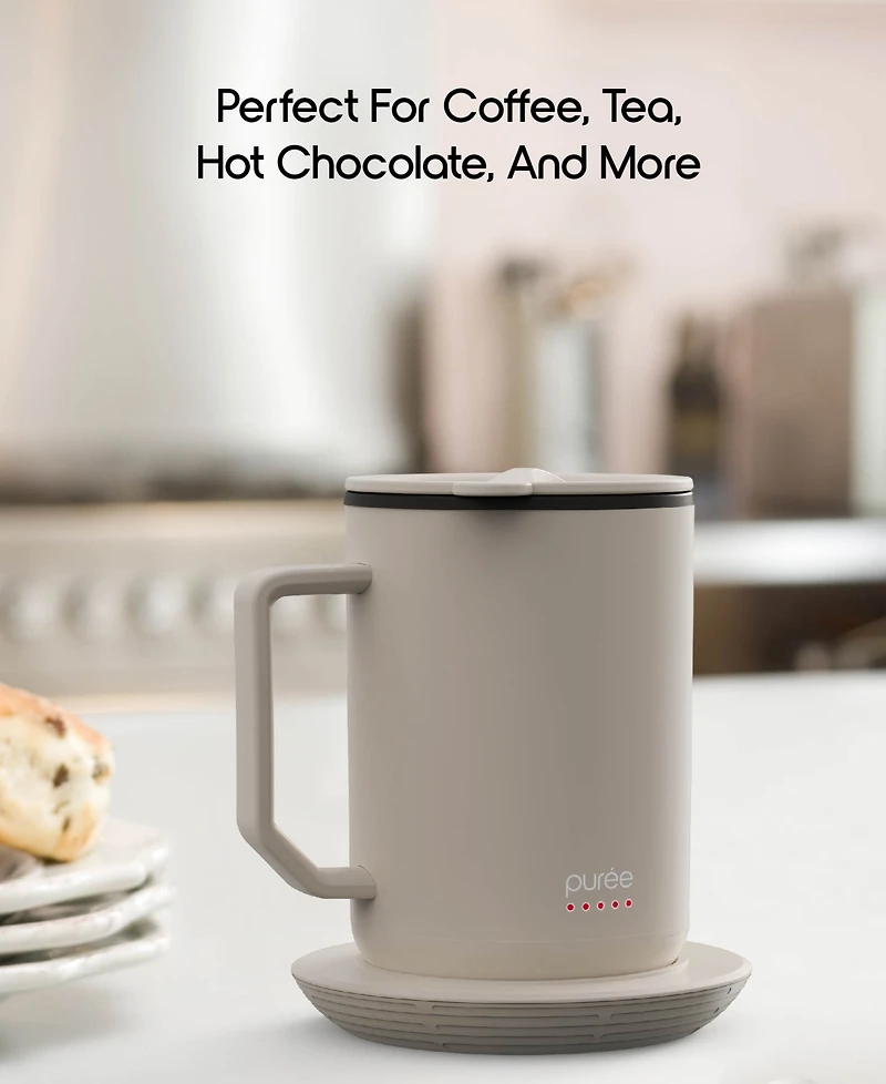 Tzumi Puree Warming Coffee Mug, 12 oz. Stainless Steel Mug with Warmer Coaster and Lid