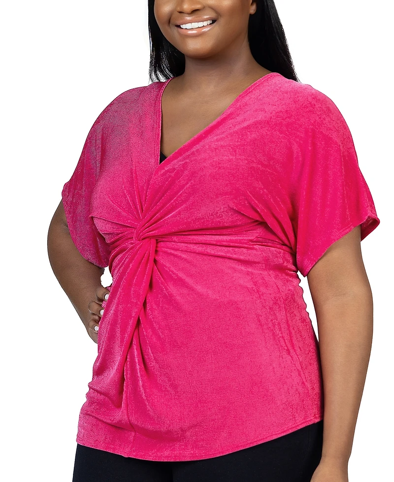 24seven Comfort Apparel Plus Size V Neck Knot Front Kimono Sleeve Top