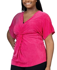 24seven Comfort Apparel Plus Size V Neck Knot Front Kimono Sleeve Top