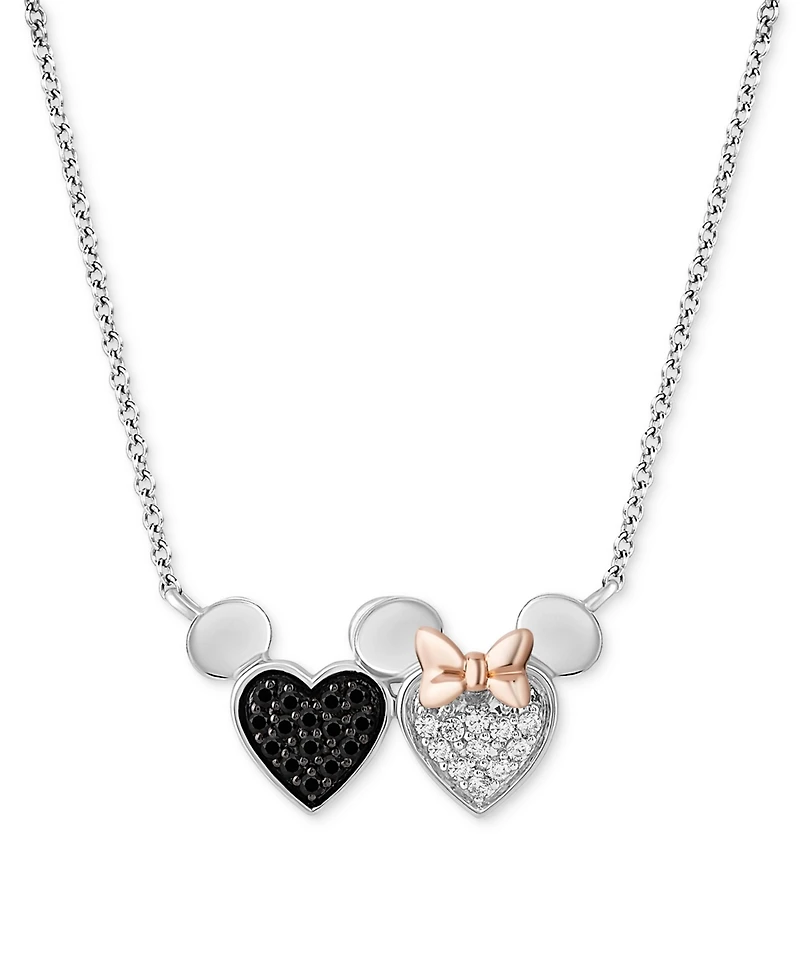 Disney Wonder Fine Jewelry Black Diamond (1/8 ct. t.w.) & White Diamond (1/10 ct. t.w.) Minnie & Mickey Heart Pendant Necklace in Sterling Silver & 14