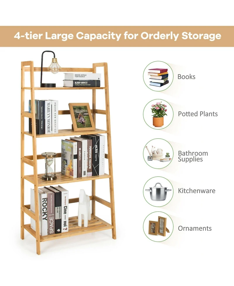 4-Tier Bamboo Bookshelf Ladder Shelf Plant Stand Rack-Natural
