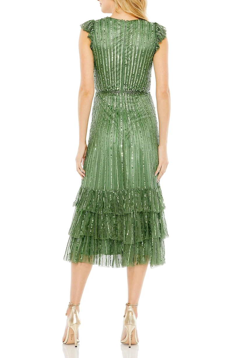 Mac Duggal Women's Sequined Wrap Over Cap Sleeve Ruffle Hem Dress