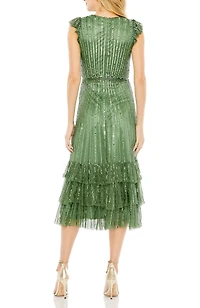 Mac Duggal Women's Sequined Wrap Over Cap Sleeve Ruffle Hem Dress