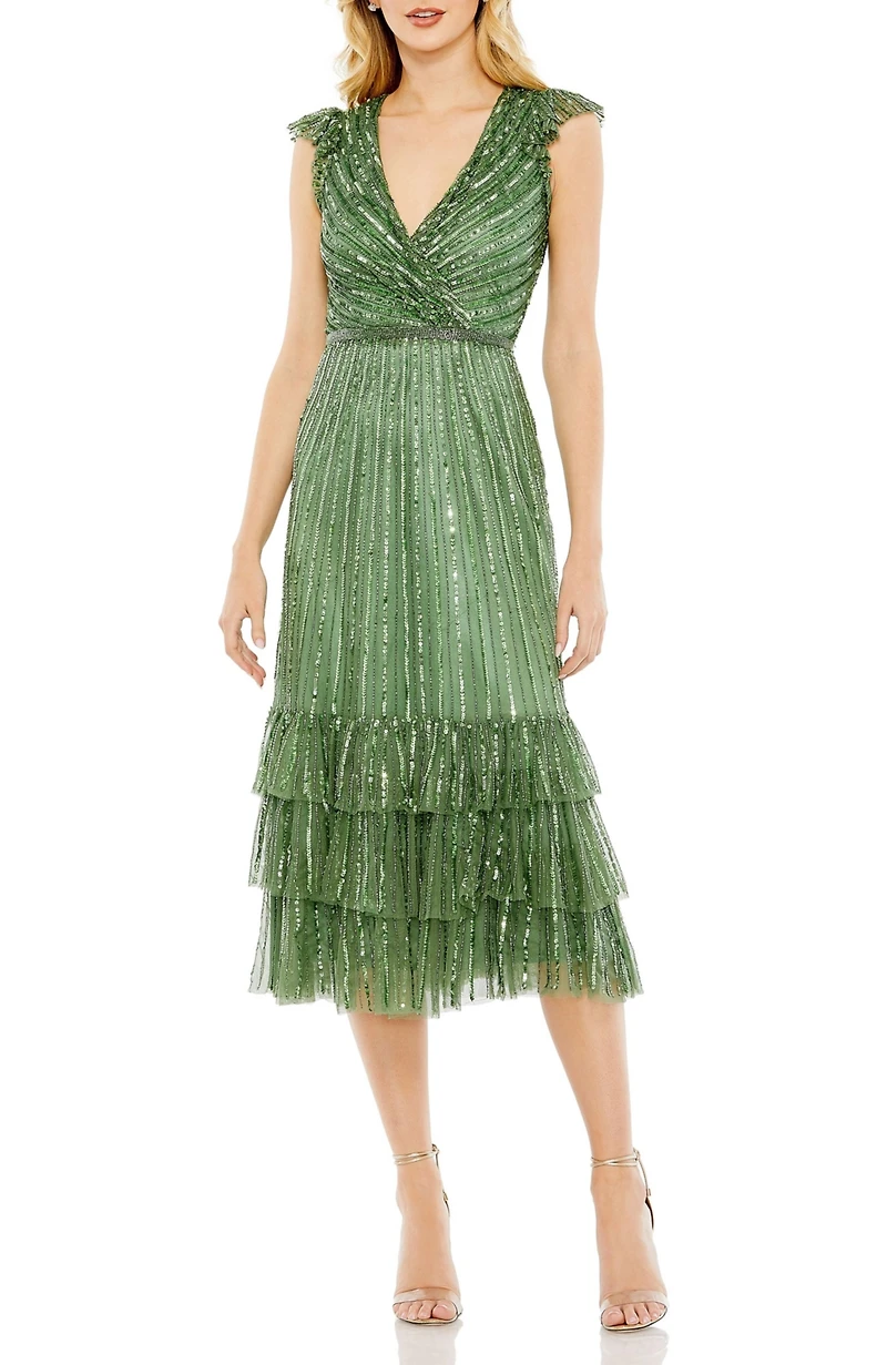 Mac Duggal Women's Sequined Wrap Over Cap Sleeve Ruffle Hem Dress