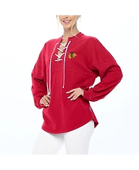 Women's Fanatics Red Chicago Blackhawks Spirit Lace-Up V-Neck Long Sleeve Jersey T-shirt