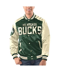 Men's Starter Hunter Green, Cream Milwaukee Bucks Renegade Satin Full-Snap Varsity Jacket