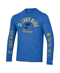 Men's Champion Heather Blue Distressed St. Louis Blues Multi-Logo Tri-Blend Long Sleeve T-shirt