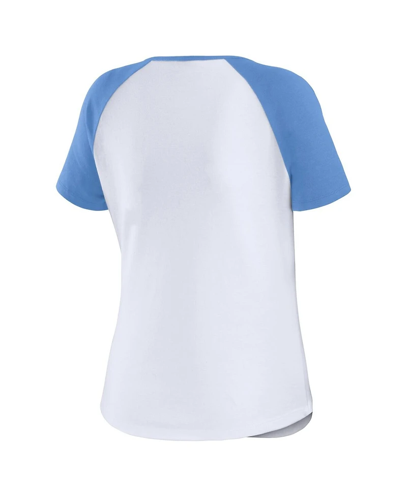 Women's Wear by Erin Andrews White Distressed North Carolina Tar Heels Baseball Logo Raglan Henley T-shirt