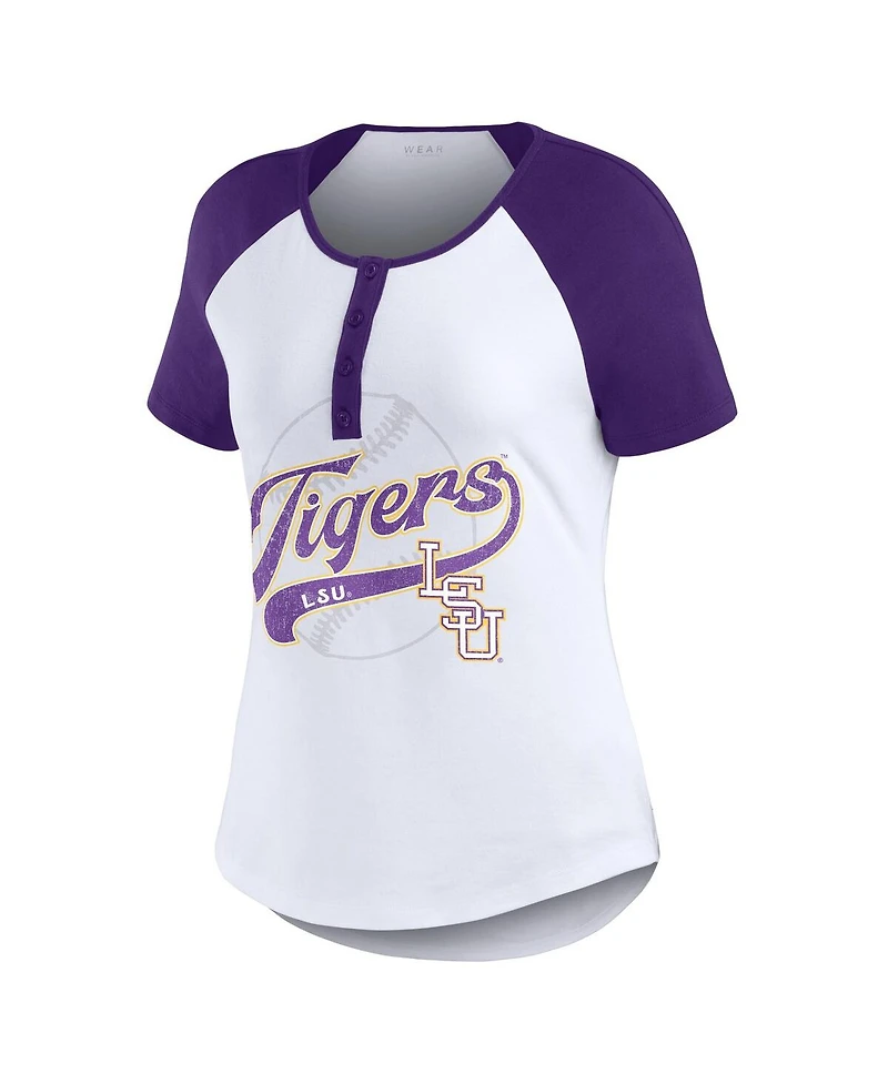 Women's Wear by Erin Andrews White Distressed Lsu Tigers Baseball Logo Raglan Henley T-shirt