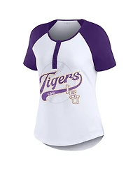 Women's Wear by Erin Andrews White Distressed Lsu Tigers Baseball Logo Raglan Henley T-shirt