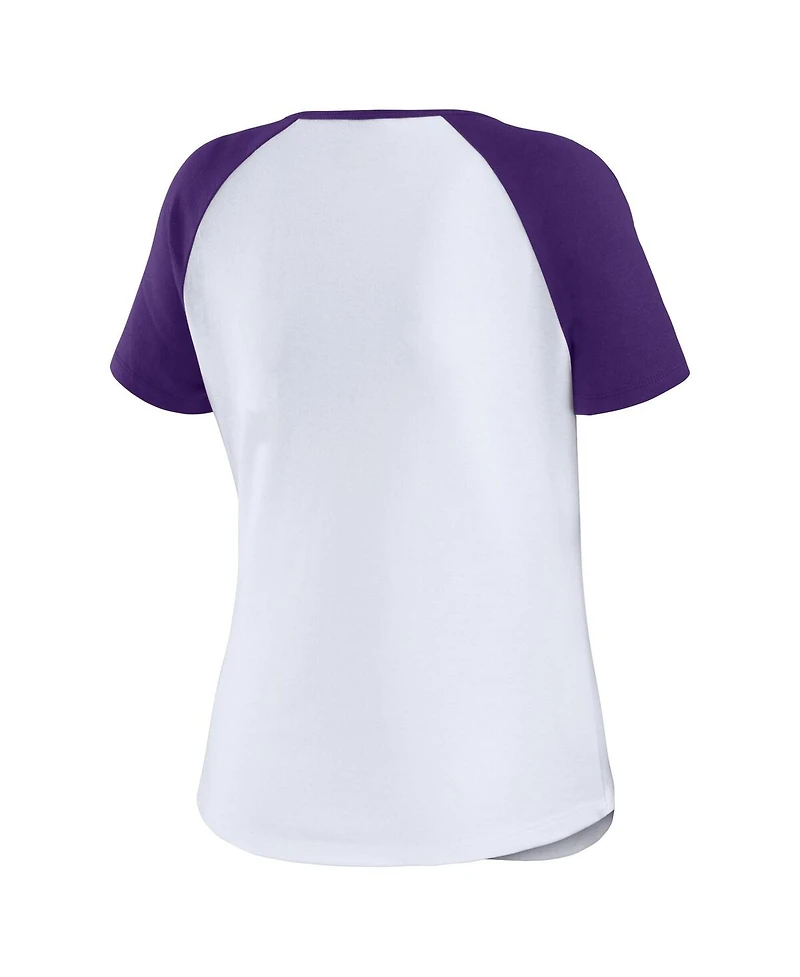 Women's Wear by Erin Andrews White Distressed Lsu Tigers Baseball Logo Raglan Henley T-shirt