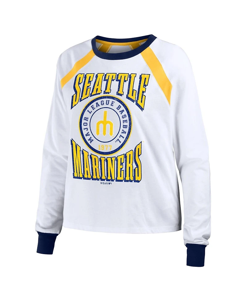 Women's Wear by Erin Andrews White Distressed Seattle Mariners Raglan Long Sleeve T-shirt