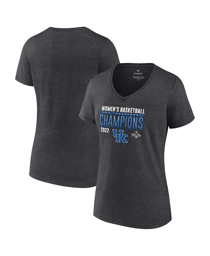 Women's Fanatics Heathered Charcoal Kentucky Wildcats 2022 Sec Women's Basketball Conference Tournament Champions Locker Room V-Neck T-shirt