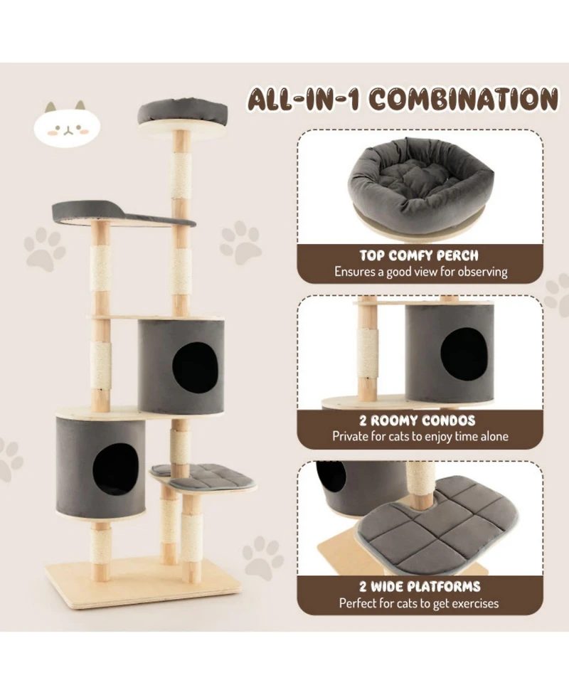 Sugift 6-Tier Wooden Cat Tree with 2 Removeable Condos Platforms and Perch
