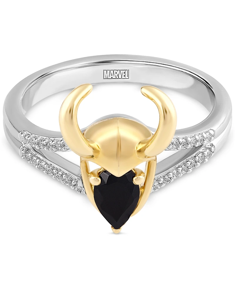 Marvel Wonder Fine Jewelry Onyx & Diamond (1/20 ct. t.w.) Loki Ring in Sterling Silver & Gold-Plate