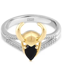 Marvel Wonder Fine Jewelry Onyx & Diamond (1/20 ct. t.w.) Loki Ring in Sterling Silver & Gold-Plate