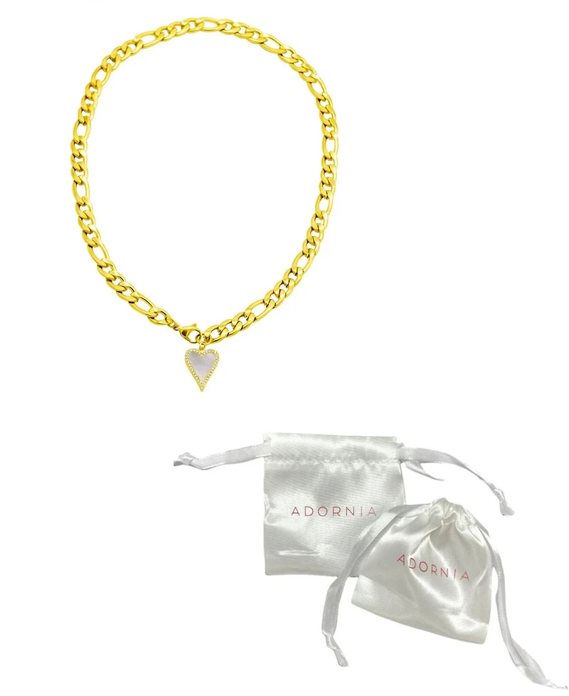 Adornia Tarnish Resistant 14K Gold-Plated Figaro Chain with Crystal Halo Mother-of-Pearl Heart