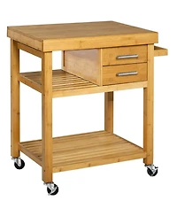 Rolling Bamboo Kitchen Island Cart Food Prep Trolley, with Towel Rack Drawers