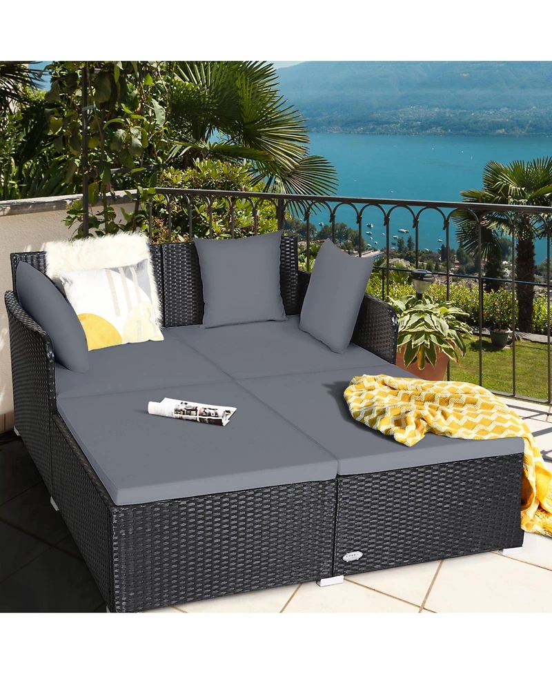 Slickblue Spacious Outdoor Rattan Daybed with Upholstered Cushions and Pillows