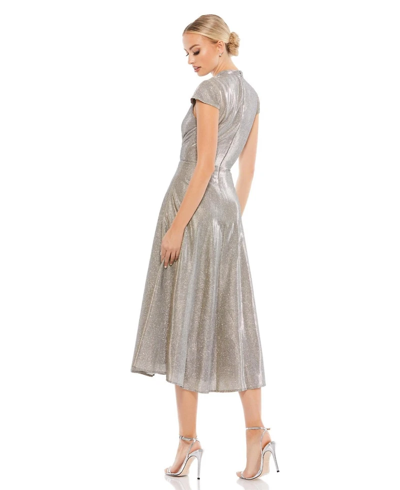 Mac Duggal Women's Ieena Metallic Cap Sleeve Tea-Length Dress