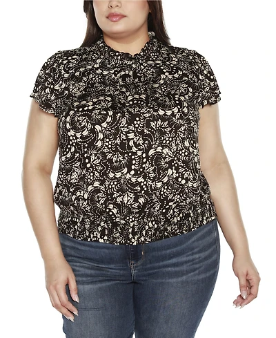 Belldini Black Label Plus Embellished Printed Cap-Sleeve Blouse