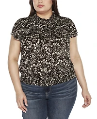 Belldini Black Label Plus Embellished Printed Cap-Sleeve Blouse