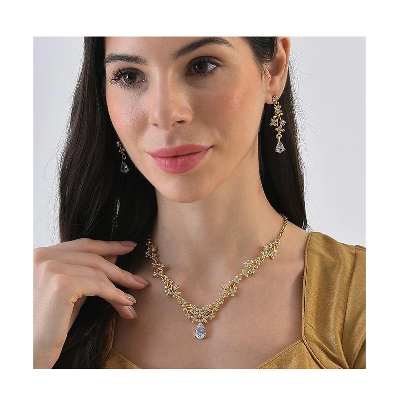 Sohi Women's Gold Intricate Stone Teardrop Necklace And Earrings (Set Of 2)