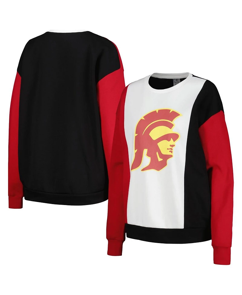 Women's Gameday Couture White, Black Usc Trojans Vertical Color-Block Pullover Sweatshirt
