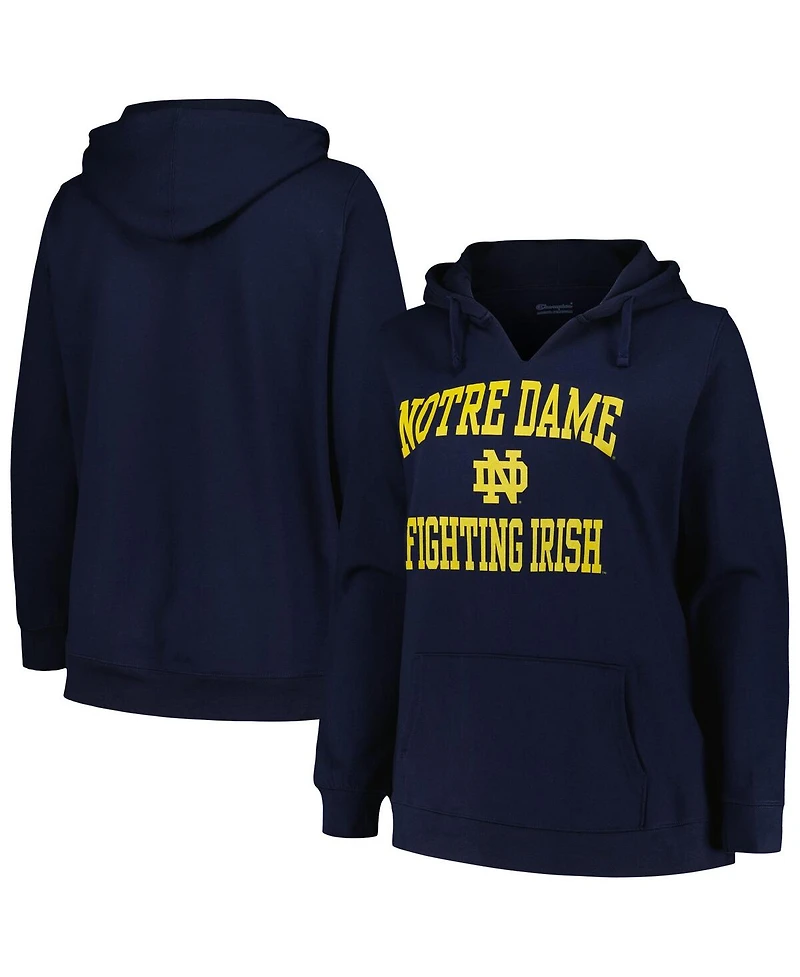 Women's Champion Navy Notre Dame Fighting Irish Plus Size Heart & Soul Notch Neck Pullover