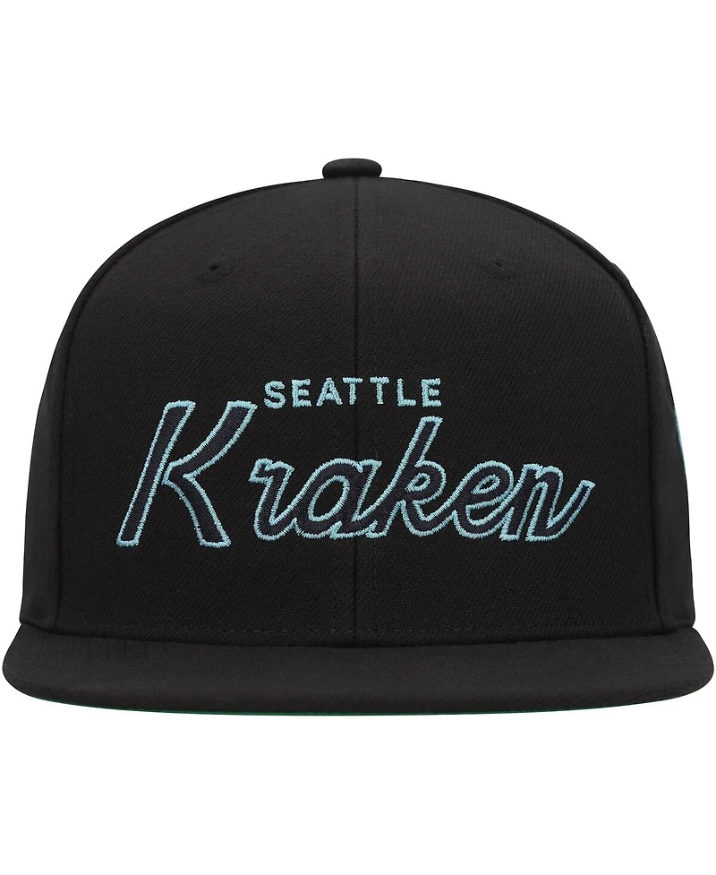 Men's Mitchell & Ness Black Seattle Kraken Core Team Script 2.0 Snapback Hat