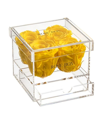 Rose Box Nyc Jewelry box of Bright Yellow Long Lasting Preserved Real Roses, 4 Rose