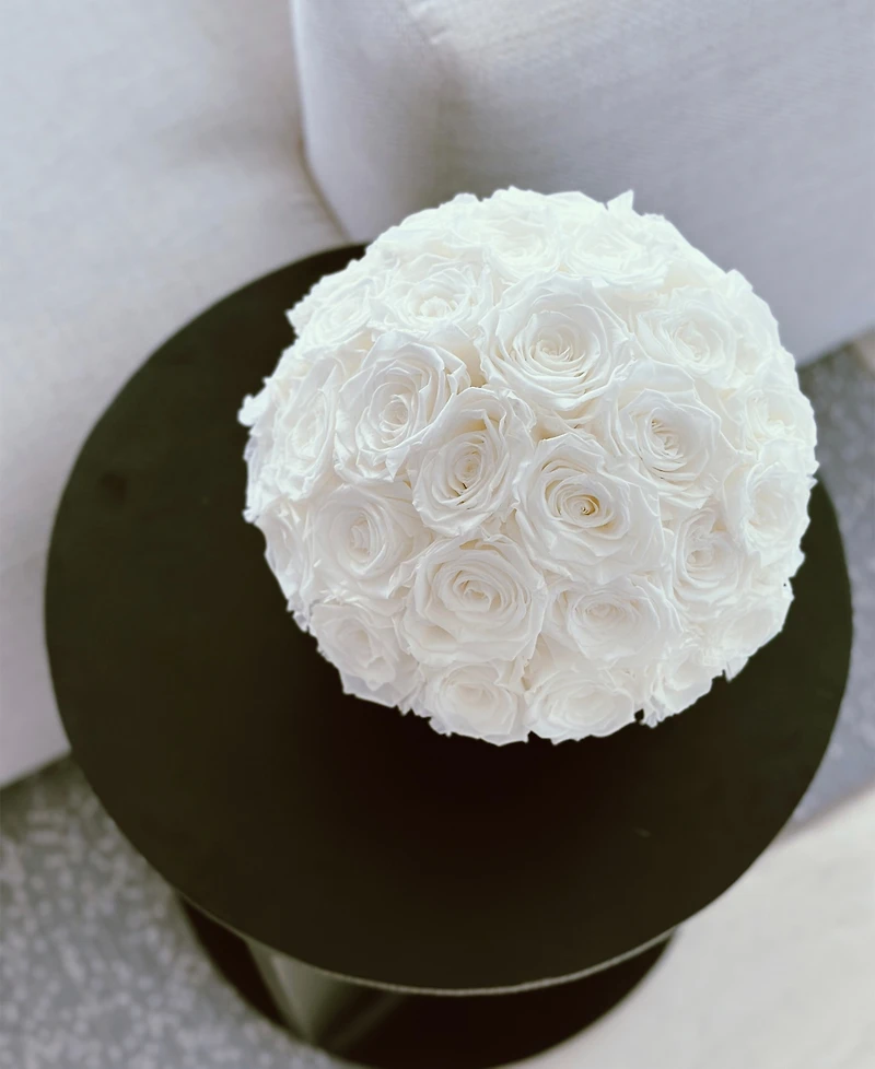 Rose Box Nyc Half Ball of Pure White Long Lasting Preserved Real Roses in Classic Ceramic Vase, 35 Roses