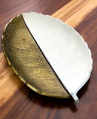 Nearly Natural 14in. Gold and White Leaf Decorative Accent Tray