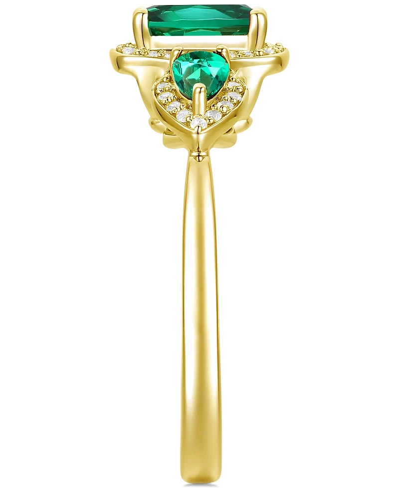Emerald (7/8 ct. t.w.) & Lab-Grown White Sapphire (1/6 ct. t.w.) Three Stone Halo Ring in 14k Gold-Plated Sterling Silver