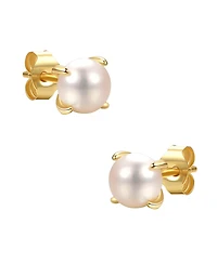 14k Gold Plated with Round White Genuine Pearl Solitaire Stud Earrings Sterling Silver