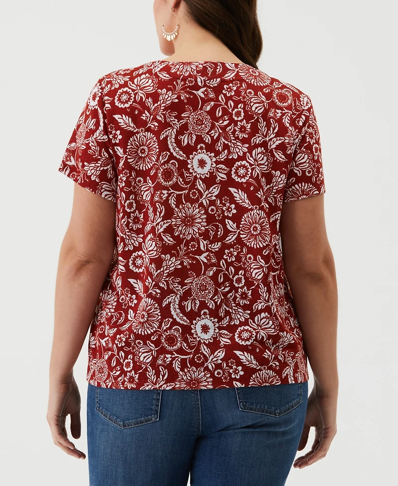 Ella Rafaella Plus Paisley Print Lace-Up Short Sleeve Tee Shirt
