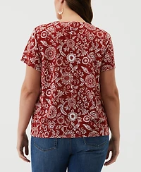 Ella Rafaella Plus Paisley Print Lace-Up Short Sleeve Tee Shirt