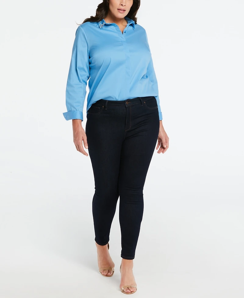 Ella Rafaella Plus Ruched Sleeve Embellished Collar Blouse