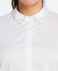 Ella Rafaella Plus Ruched Sleeve Embellished Collar Blouse