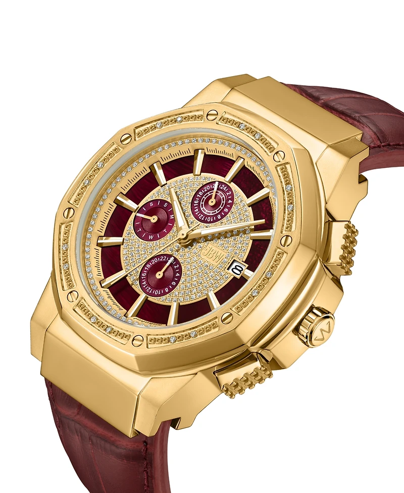 Jbw Men's Saxon Multifunction Maroon Genuine Leather Watch, 48mm