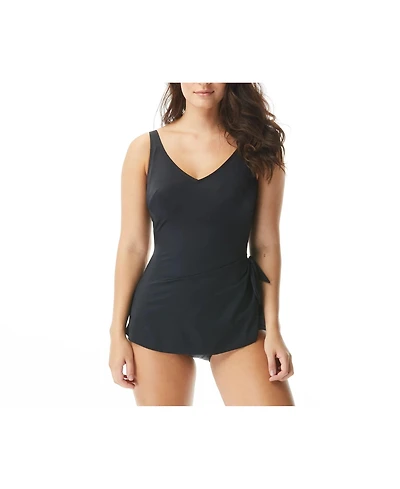 Roxanne Women's Solid Bra V-Neck Sarong One Piece Swimsuit