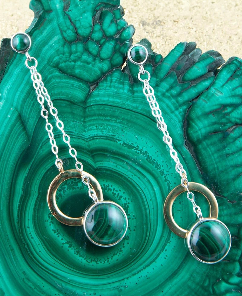 Barse Two Toned Genuine Malachite Circle Dangle Earrings