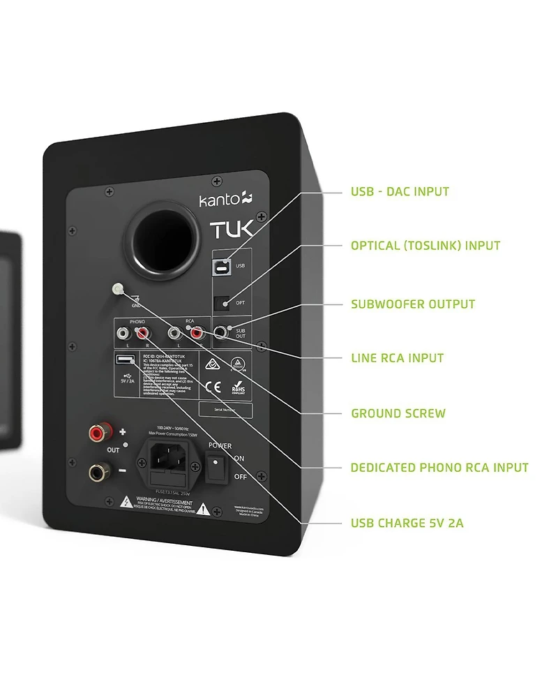 Kanto Tuk Premium Powered Bookshelf Speakers with Headphone Out, Usb Dac, Dedicated Phono Pre-amp, & Bluetooth - Pair