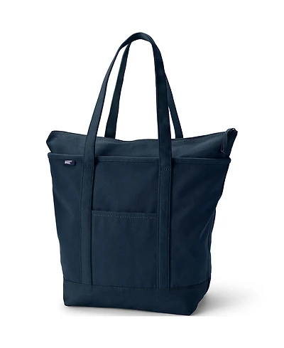 Lands' End Large Solid Color 5 Pocket Zip Top Long Handle Canvas Tote Bag